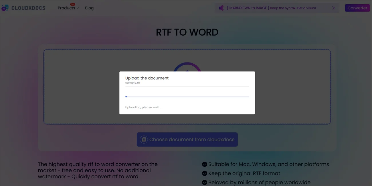 main interface of cloudxdocs online rtf to word converter