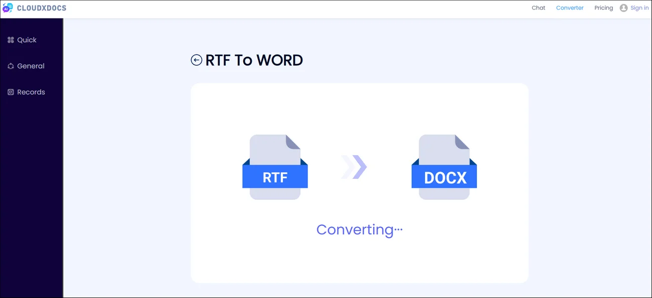 main interface of cloudxdocs online rtf to word converter