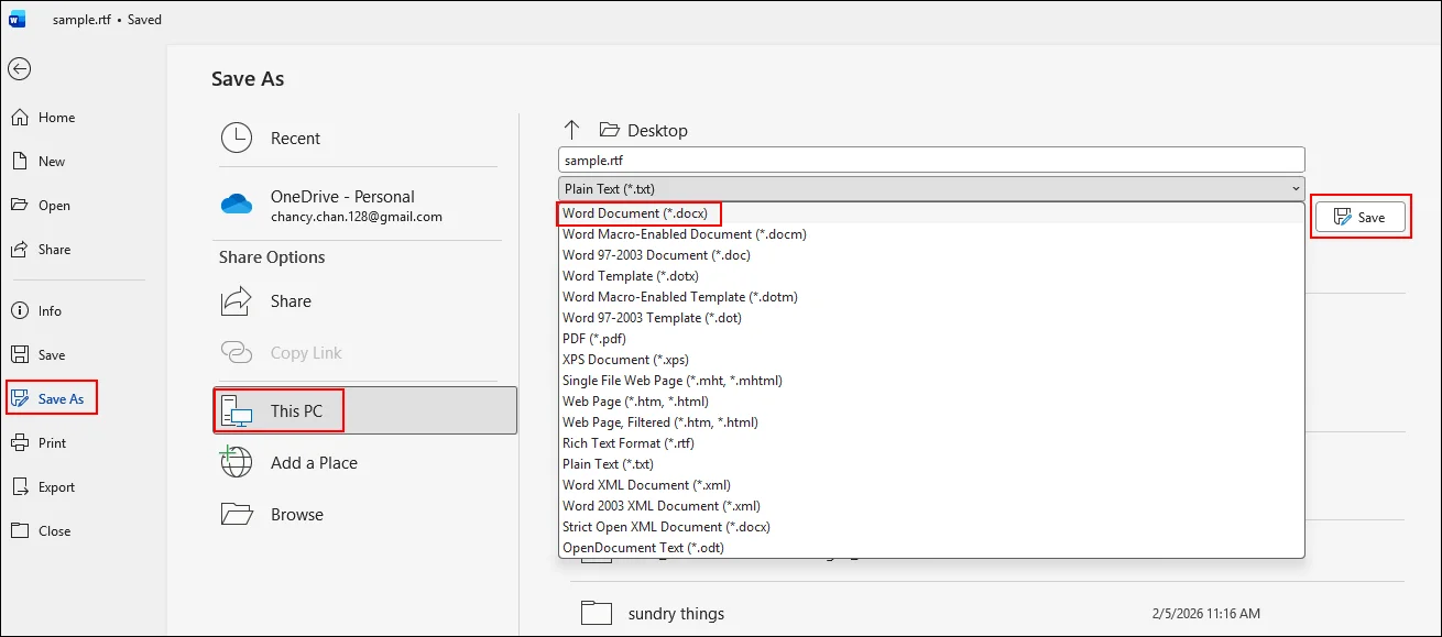 save rtf file to other format with microsoft word directly