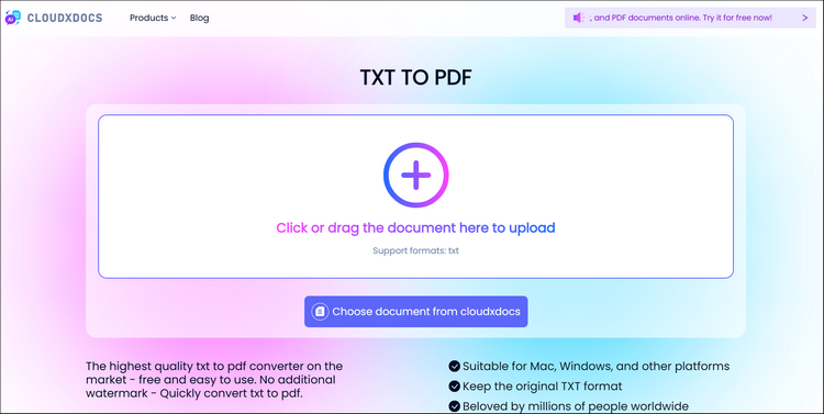 convert txt to pdf with cloudxdocs
