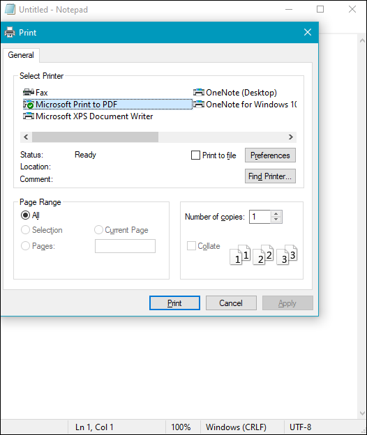 screenshot of converting txt to pdf with windows notepad