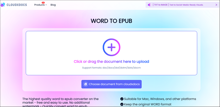 main interface of cloudxdocs online word to epub converter