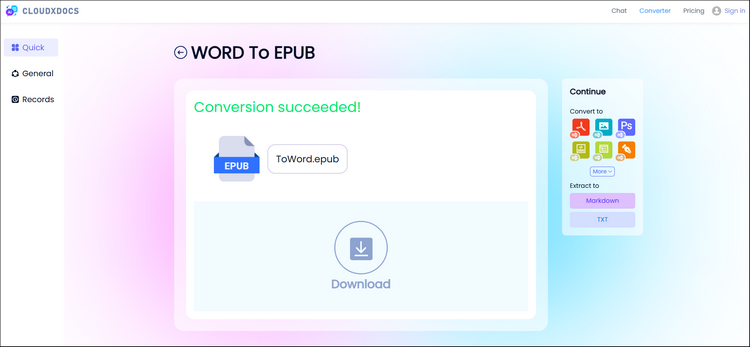 result page screenshot after using cloudxdocs to convert word to epub format
