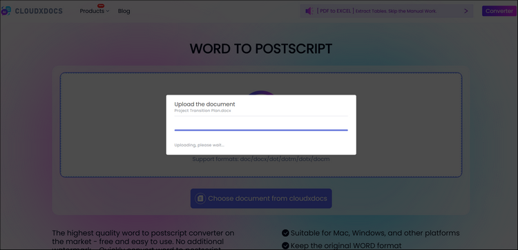 upload screenshot of cloudxdocs online word to postscript converter