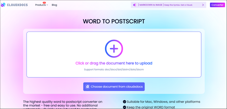 main interface of cloudxdocs online word to postscript converter