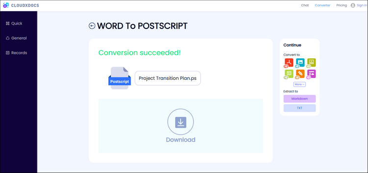 result page screenshot of cloudxdocs online word to postscript converter