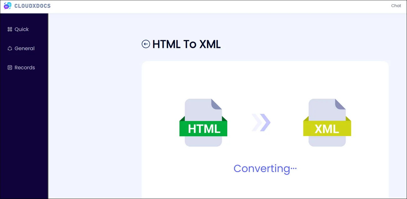 screenshot of cloudxdocs html to xml conversion process