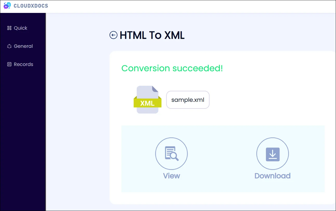 result screenshot of cloudxdocs converting html to xml format