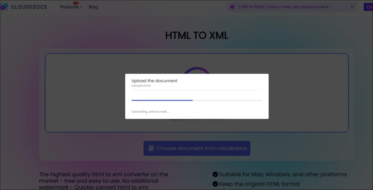 upload interface of cloudxdocs online html to xml converter