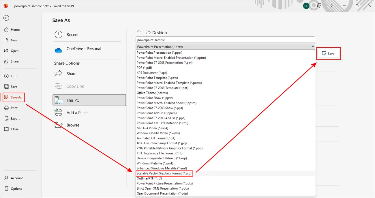 screenshot of converting powerpoint to svg format with microsoft powerpoint