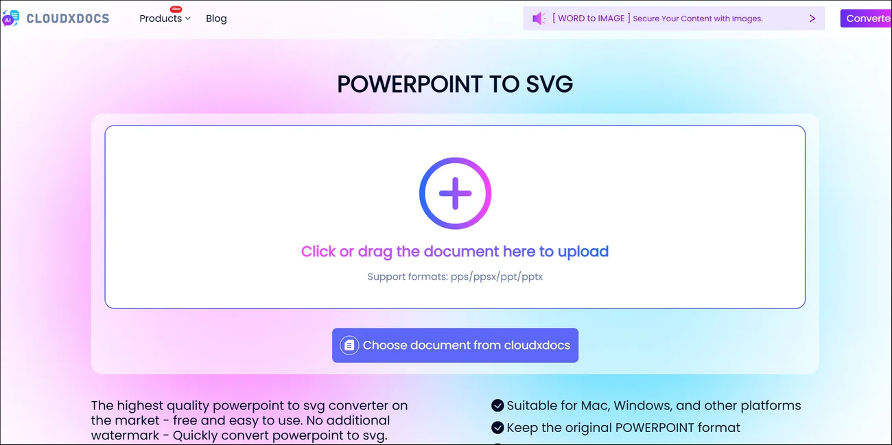 main interface of cloudxdocs online powerpoint to svg converter