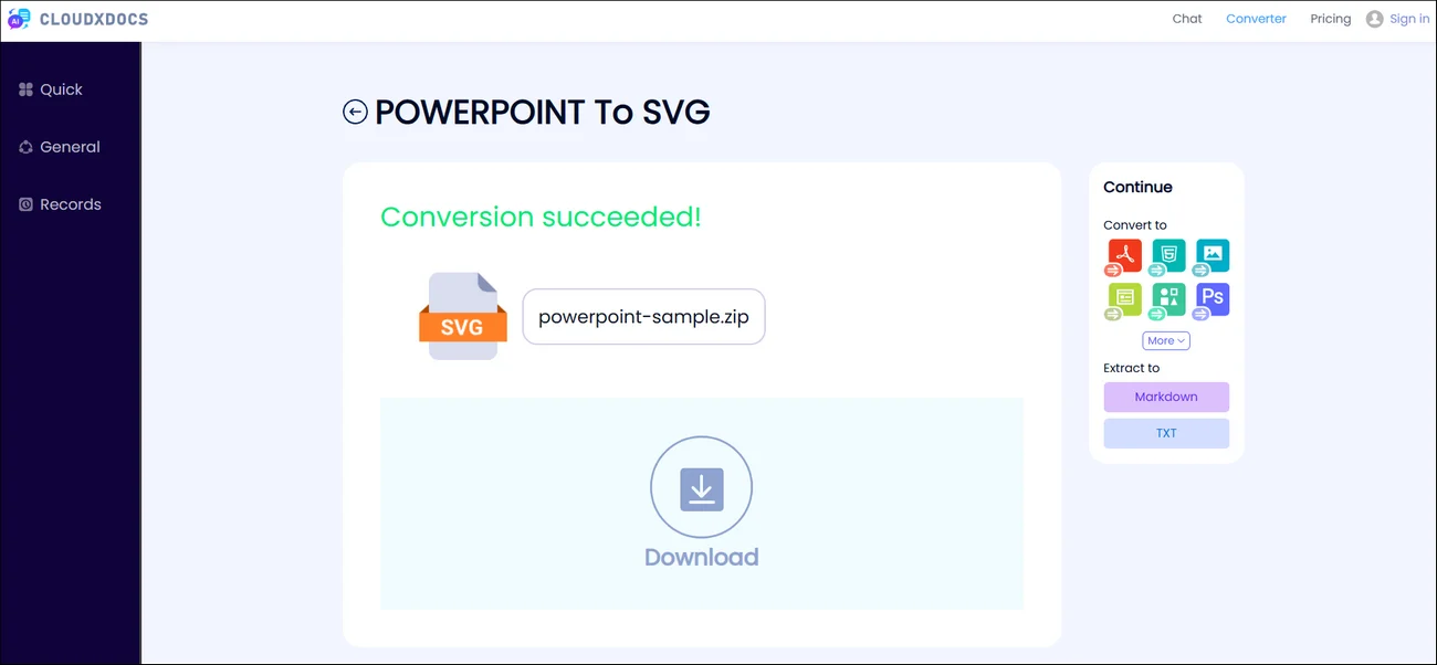 result page of using cloudxdocs to convert powerpoint to svg