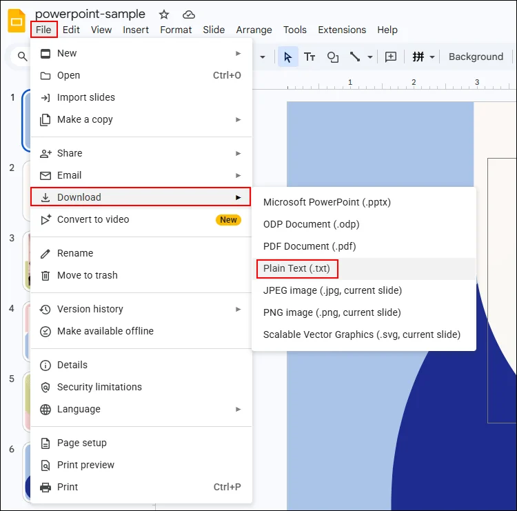 screenshot of downloading powerpoint files in txt format with google slides