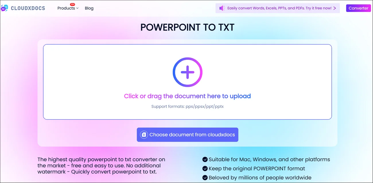 main interface of cloudxdocs online powerpoint to txt converter