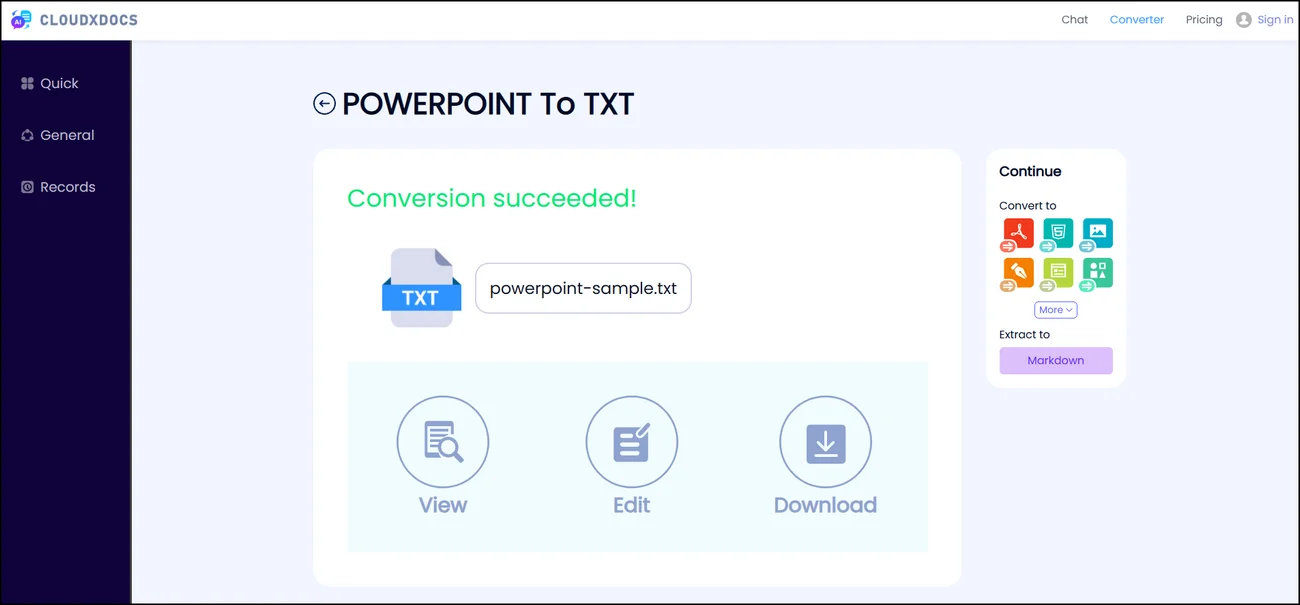 result page of cloudxdocs converting a powerpoint file to txt format